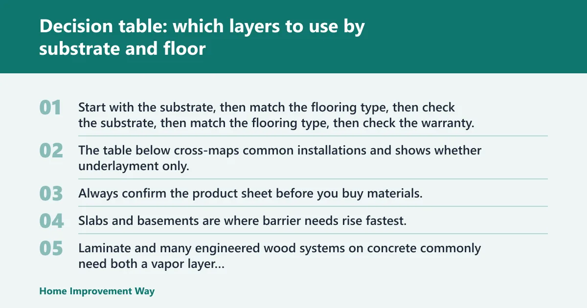 Steps: Decision table: which layers to use by substrate and floor