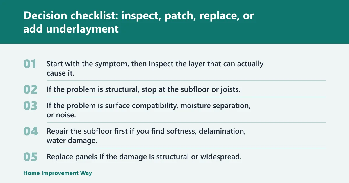 Steps: Decision checklist: inspect, patch, replace, or add underlayment