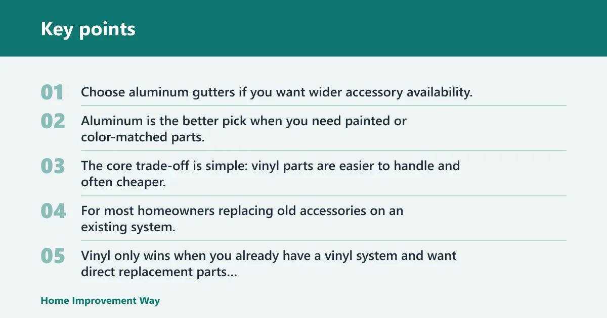 Key points: Choose Gutter accessories for vinyl if… / Choose aluminum gutters if…