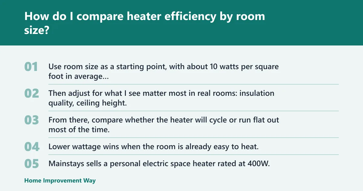 Steps: How do I compare heater efficiency by room size?