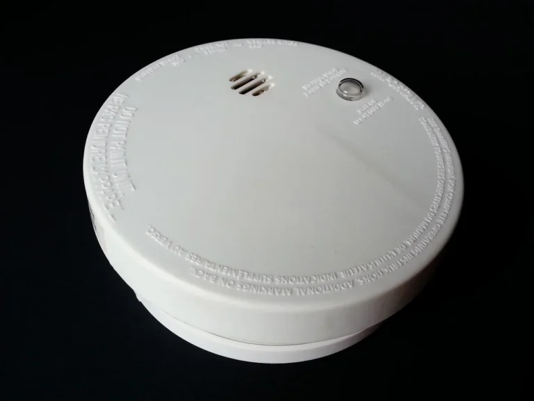 Home safety detectors in a bright hallway and kitchen, including a ceiling smoke detector and carbon monoxide detector near t