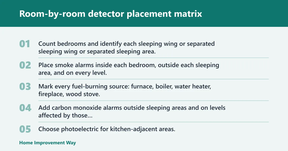 Steps: Room-by-room detector placement matrix