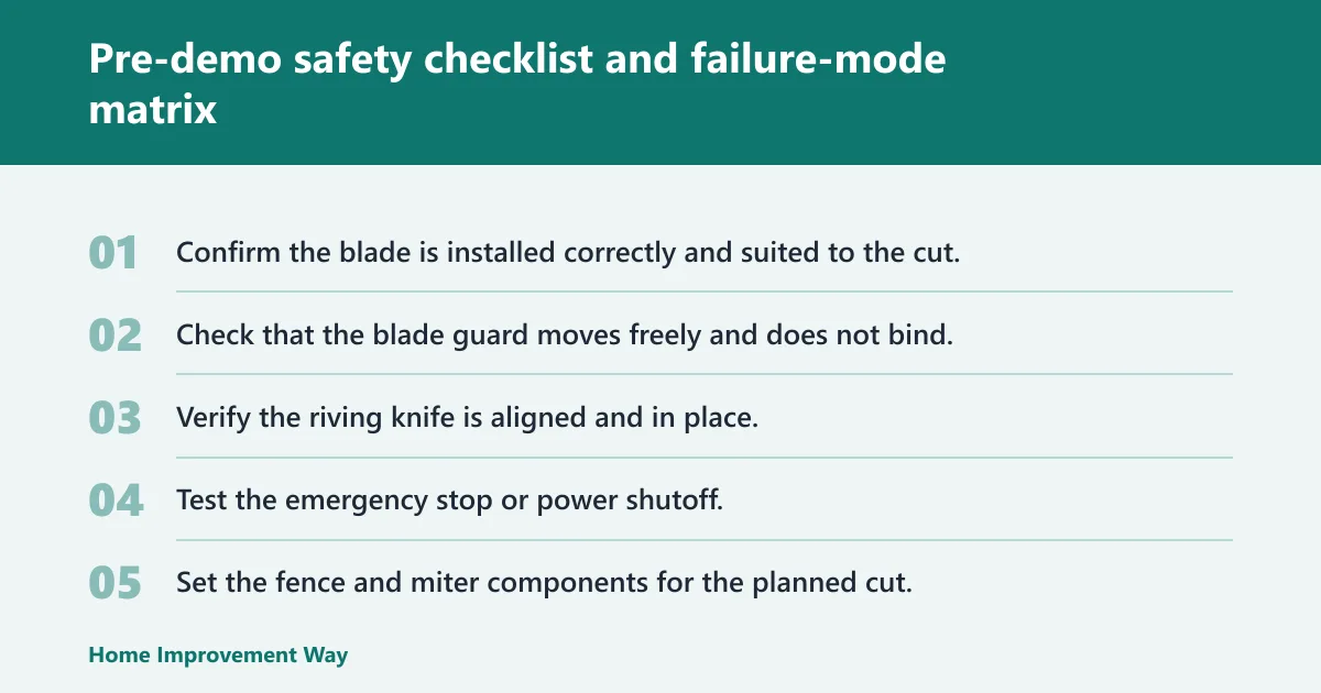Steps: Pre-demo safety checklist and failure-mode matrix