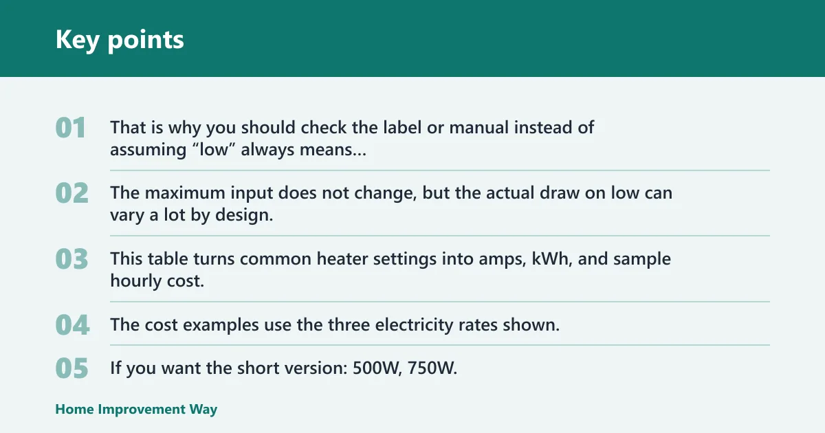 Key points: How many watts does a space heater use on low?