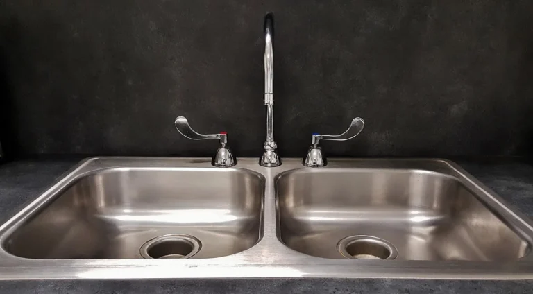 Stainless steel double kitchen sink with chrome faucet and handles against a dark backsplash