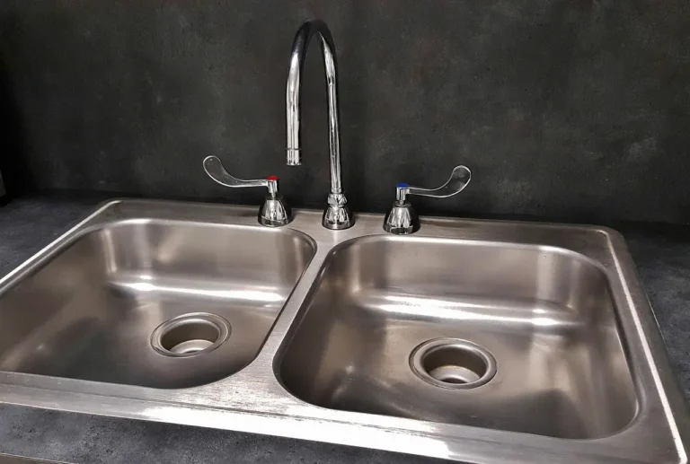 A stainless steel double kitchen sink with a chrome faucet and two handles
