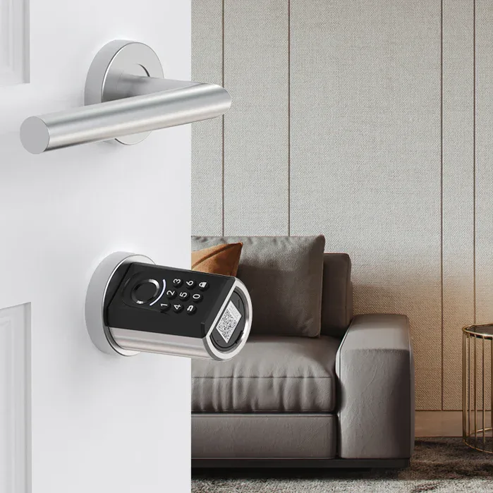 A white door with a silver handle and black digital keypad lock, set against a gray sofa and textured wall