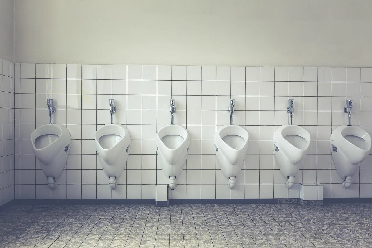 Row of white urinals on a tiled restroom wall