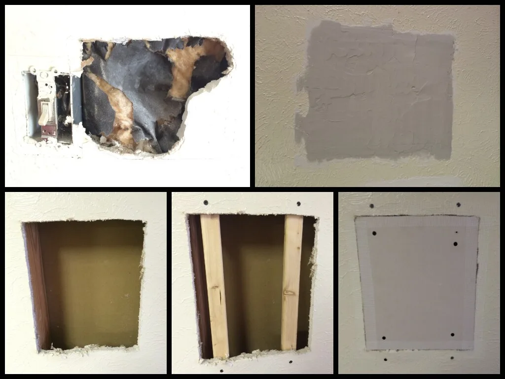 Close-up of hands smoothing joint compound over a drywall patch on a wall