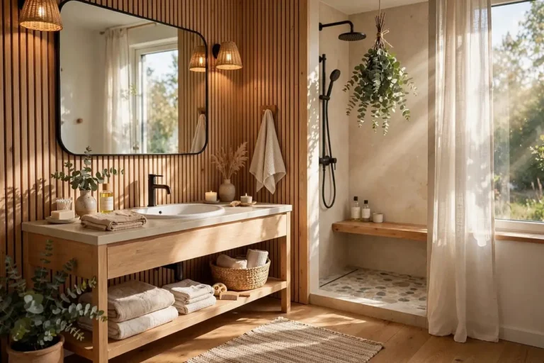 Sunlit bathroom with wood slat walls, vanity, black fixtures, pebble shower floor, hanging eucalyptus, and woven rug