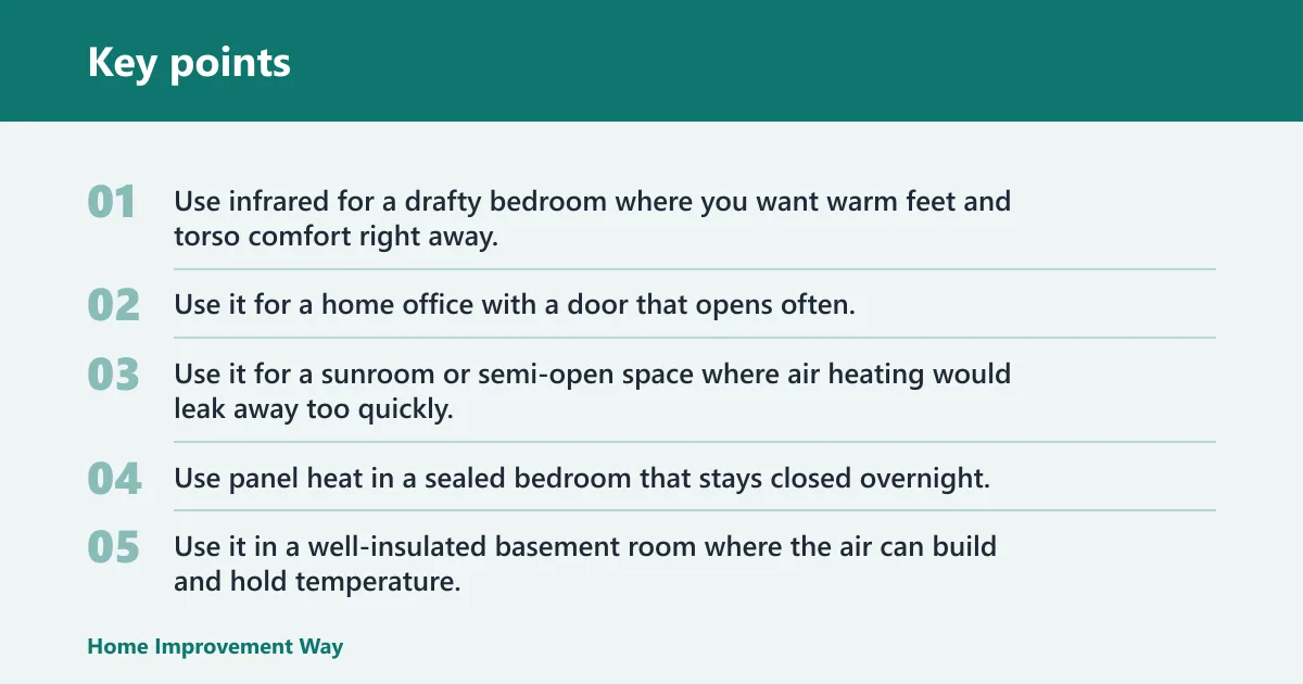 Key points: Choose Infrared heater if… / Choose panel heater if…