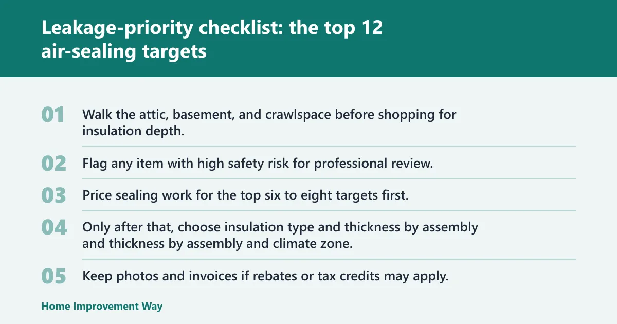 Steps: Leakage-priority checklist: the top 12 air-sealing targets