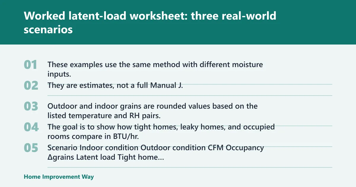 Steps: Worked latent-load worksheet: three real-world scenarios