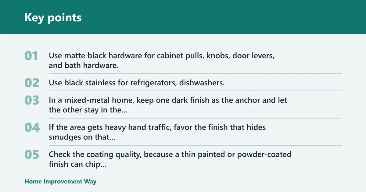 Key points: Choose Matte black hardware if… / Choose black stainless if…