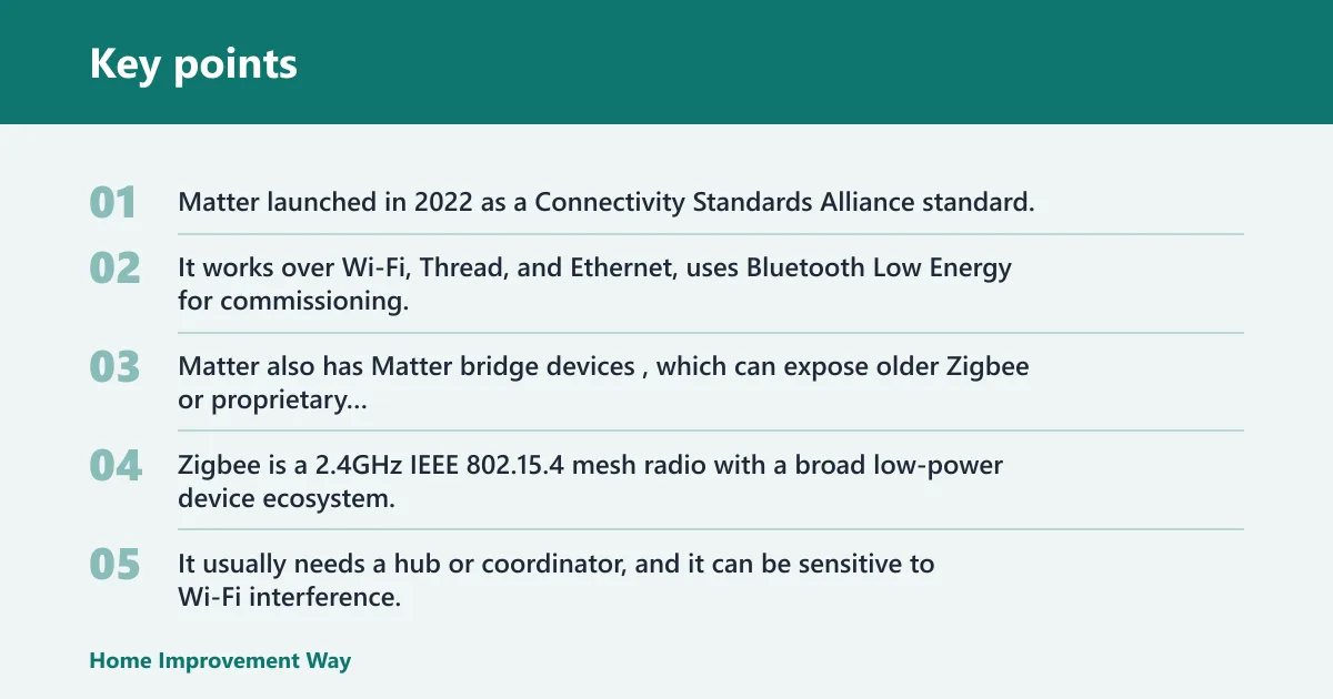 Key points: Matter vs Zigbee vs Z-Wave: the core trade-off
