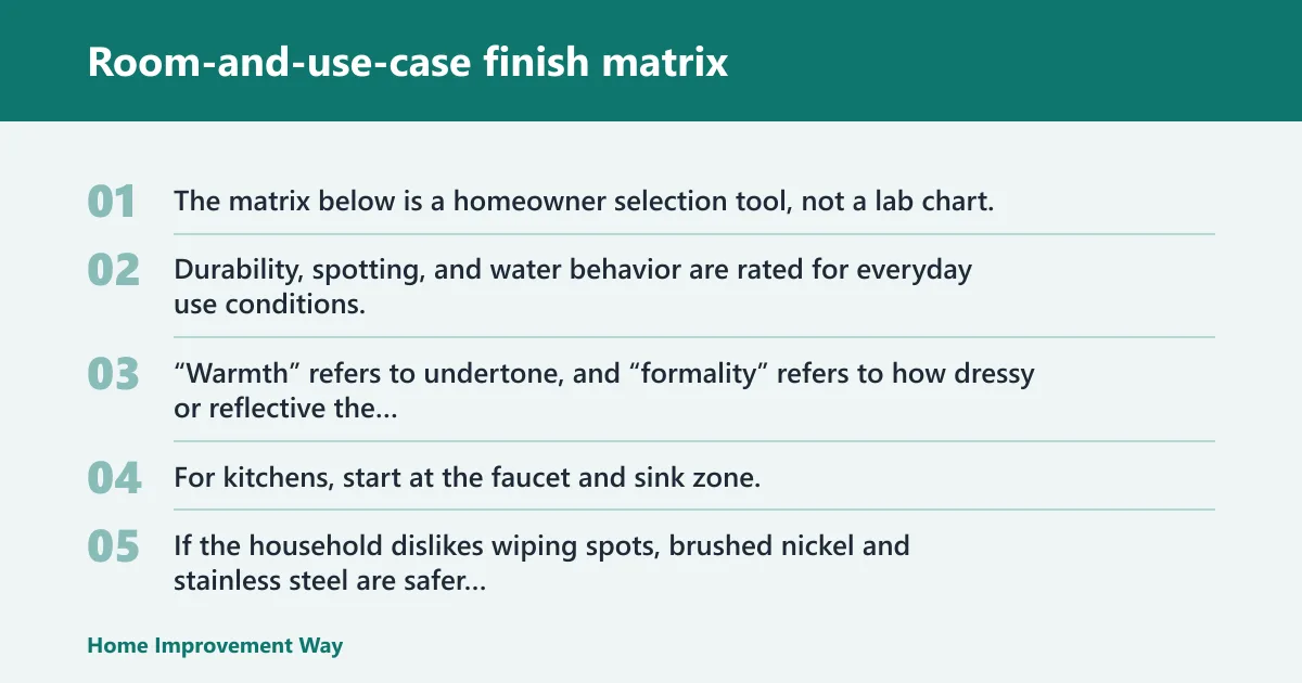 Steps: Room-and-use-case finish matrix