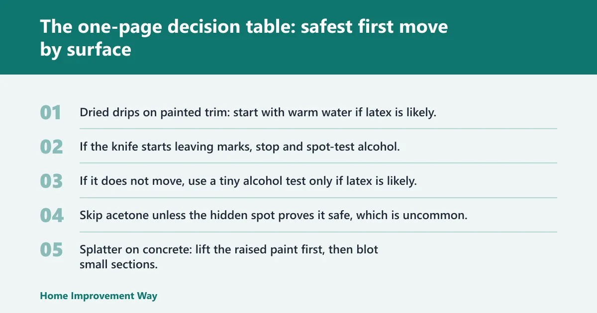 Steps: The one-page decision table: safest first move by surface