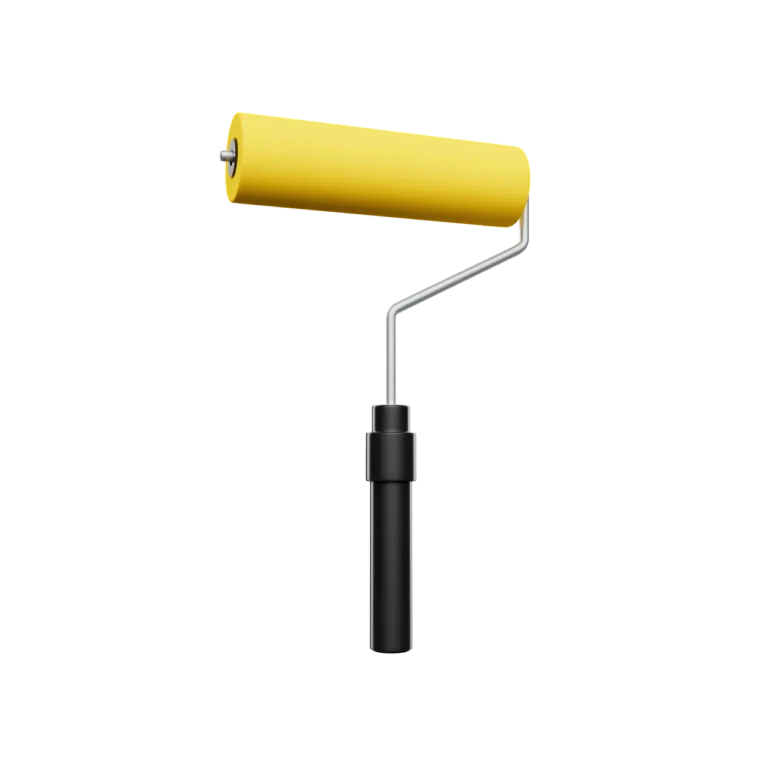 A yellow paint roller with a black handle and silver metal frame is shown against a plain white background