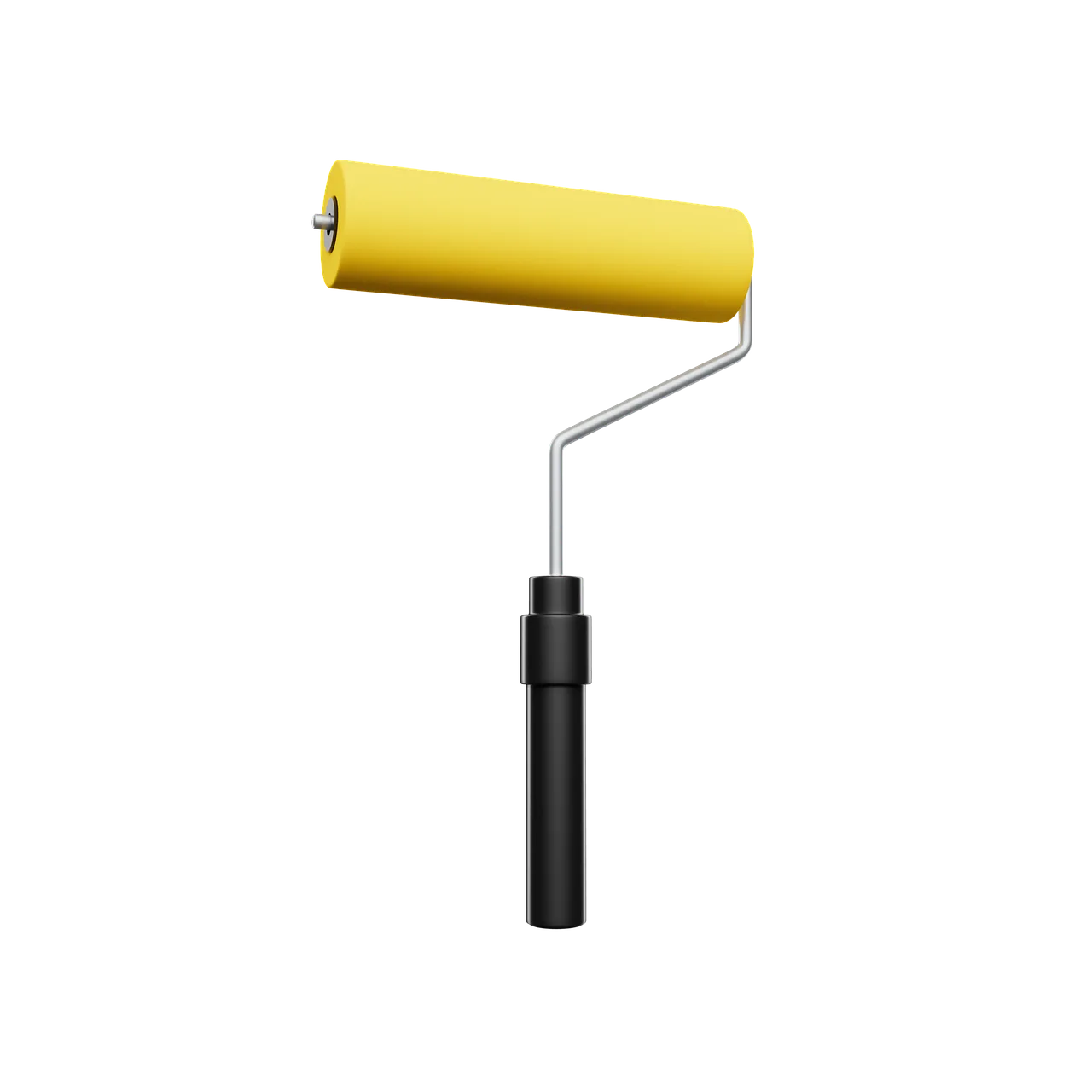 A yellow paint roller with a black handle and silver metal frame is shown against a plain white background