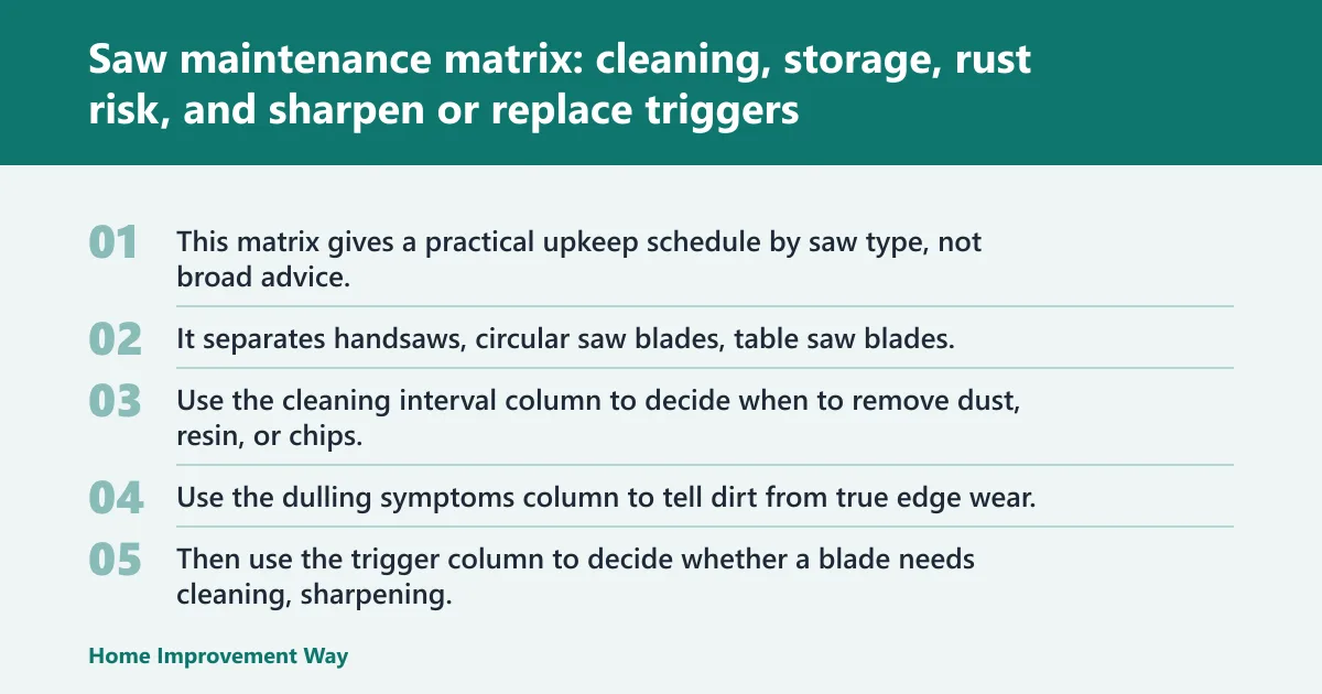 Steps: Saw maintenance matrix: cleaning, storage, rust risk, and sharpen or replace triggers
