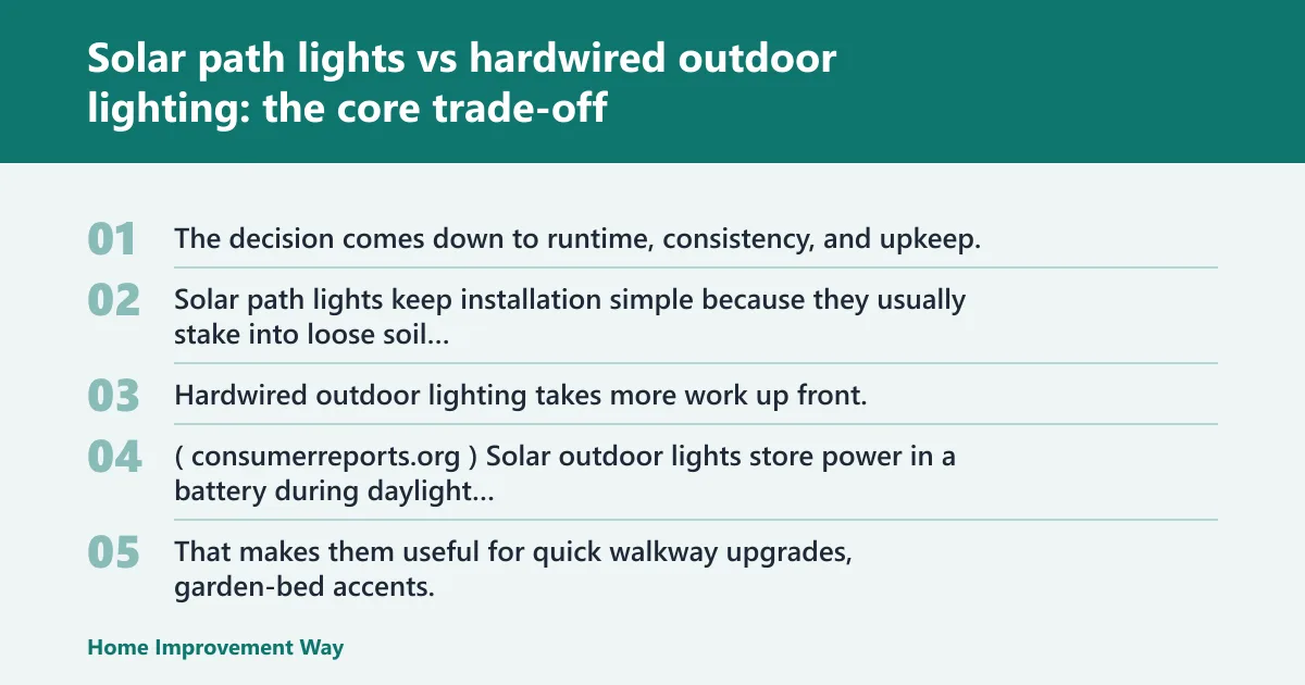 Steps: Solar path lights vs hardwired outdoor lighting: the core trade-off