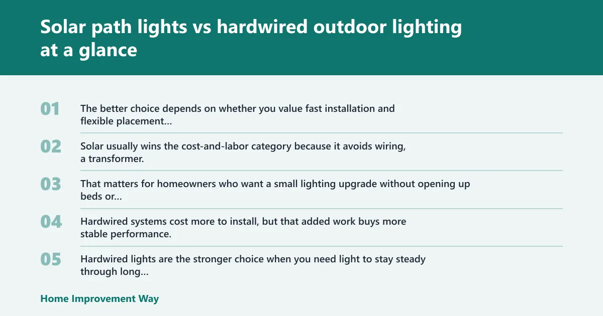 Steps: Solar path lights vs hardwired outdoor lighting at a glance