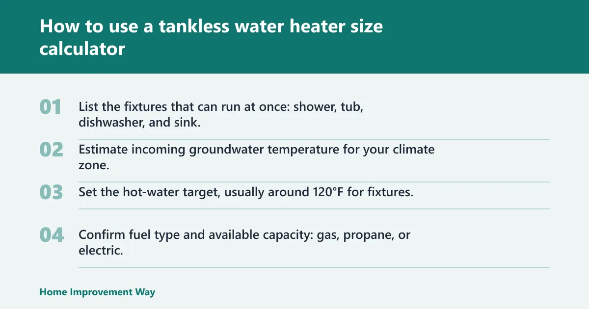 Steps: How to use a tankless water heater size calculator