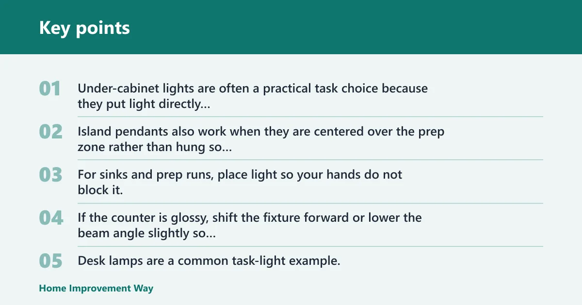Key points: Where should task lighting go in kitchens, offices, and bedrooms?