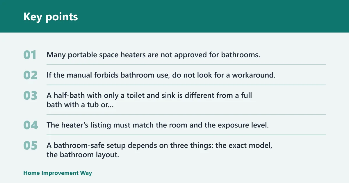 Key points: Can you use a space heater in a bathroom?