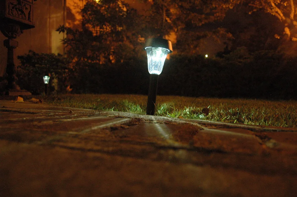 Warm white and cool white solar path lights illuminating a front walkway at dusk