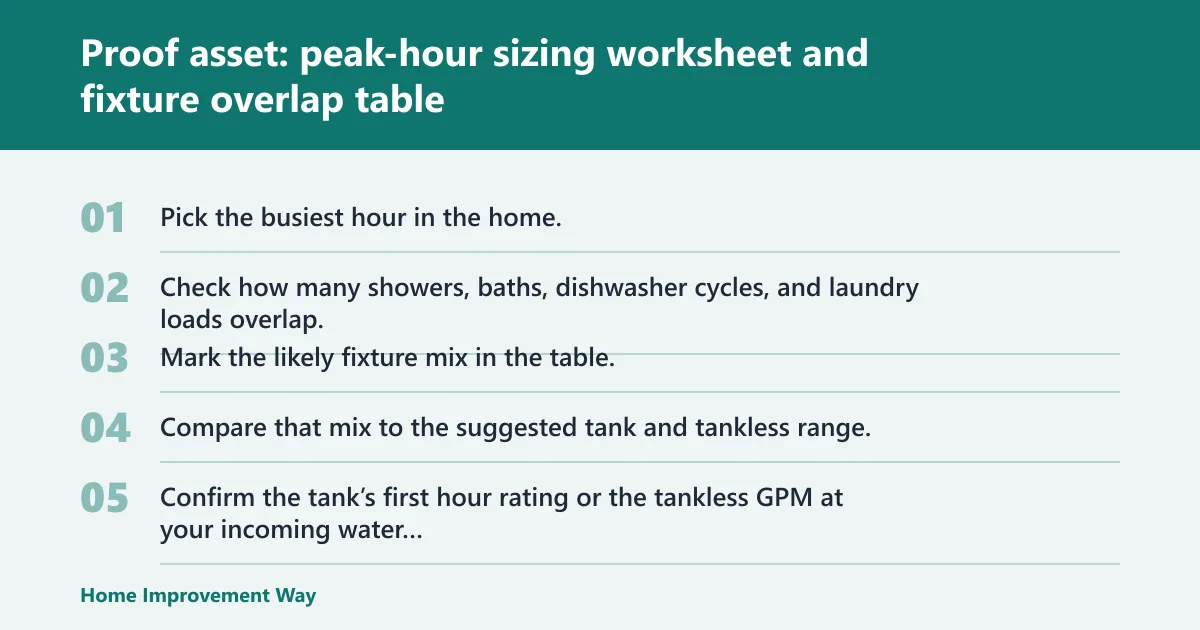 Steps: Proof asset: peak-hour sizing worksheet and fixture overlap table