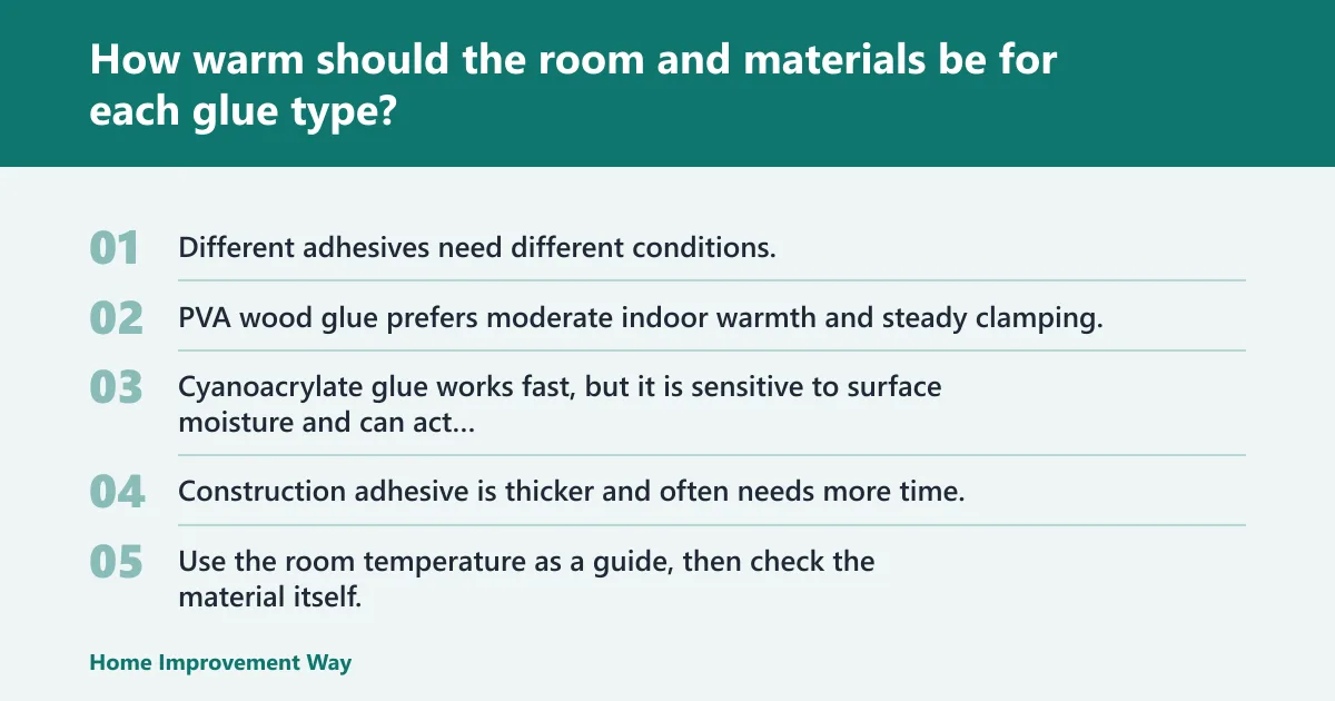 Steps: How warm should the room and materials be for each glue type?