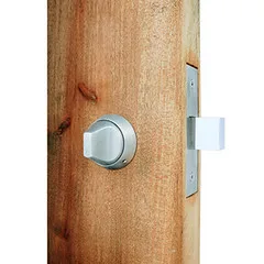 Deadbolt on a front door with the strike plate and frame visible in natural light.