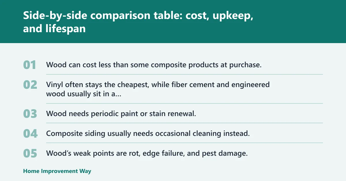 Steps: Side-by-side comparison table: cost, upkeep, and lifespan